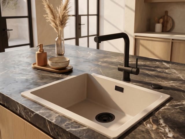 Pure.Sink Eternal Quartz Coffee cream Spoelbak 50x40 cm Onderbouw en Opbouw met Automatische Zwarte plug