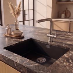 Pure.Sink Eternal Quartz Zwarte Spoelbak 50x40 cm Vlakinbouw en Onderbouw met RVS plug