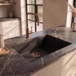 Pure.Sink Eternal Кварцова черна мивка 50x40 см за вграждане в плот и под плот с медна запушалка