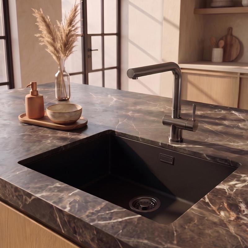 Pure.Sink Eternal Quartz Zwarte Spoelbak 50x40 cm Vlakinbouw en Onderbouw met Gun metal plug