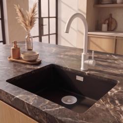 Pure.Sink Eternal Кварцова черна мивка 50x40 см за вграждане в плот и под плот с бяла запушалка