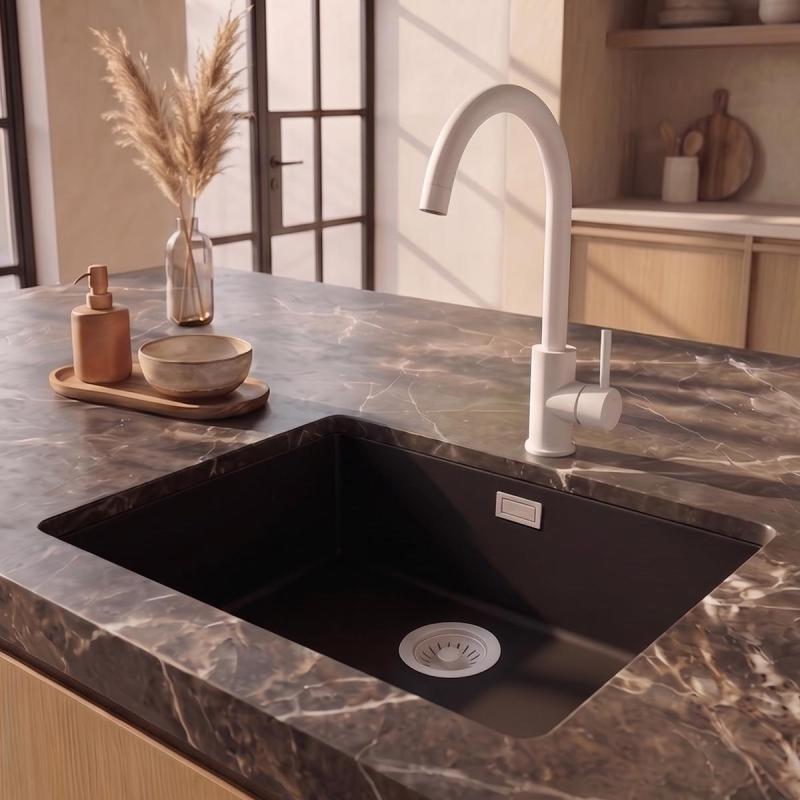 Pure.Sink Eternal Quartz Zwarte Spoelbak 50x40 cm Vlakinbouw en Onderbouw met Witte plug
