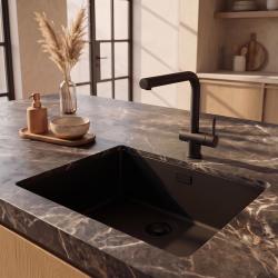 Pure.Sink Eternal Кварцова черна мивка 50x40 см за вграждане в плот и под плот с черна запушалка