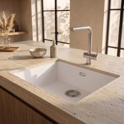 Pure.Sink Eternal Кварцова бяла мивка 50x40 см за вграждане в плот и под плот с тапа от неръждаема стомана