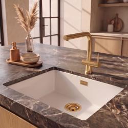 Pure.Sink Eternal Кварцова бяла мивка 50x40 см за вграждане в плот и под плот със златист сифон