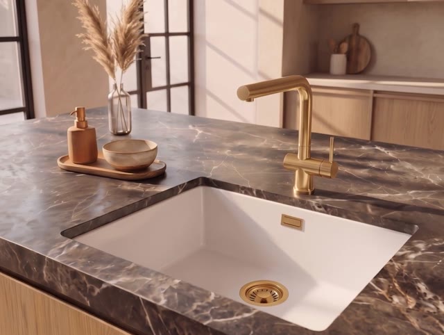 Pure.Sink Eternal Quartz Witte Spoelbak 50x40 cm Vlakinbouw en Onderbouw met Gouden plug