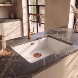 Pure.Sink Eternal Quartz Witte Spoelbak 50x40 cm Vlakinbouw en Onderbouw met Koperen plug