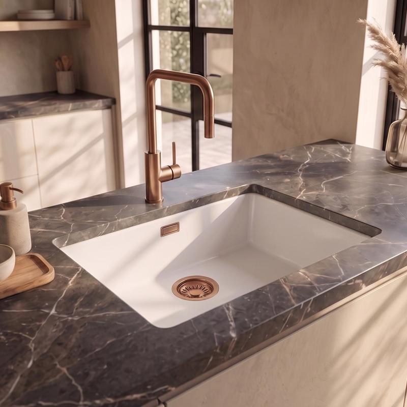 Pure.Sink Eternal Quartz Witte Spoelbak 50x40 cm Vlakinbouw en Onderbouw met Koperen plug
