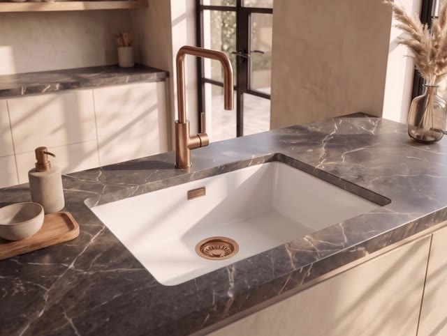 Pure.Sink Eternal Quartz Witte Spoelbak 50x40 cm Vlakinbouw en Onderbouw met Koperen plug