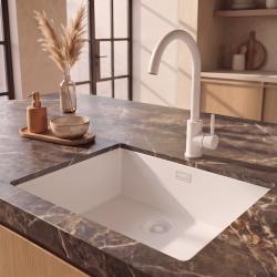 Pure.Sink Eternal Кварцова бяла мивка 50x40 см за вграждане в плот и под плот с бяла запушалка
