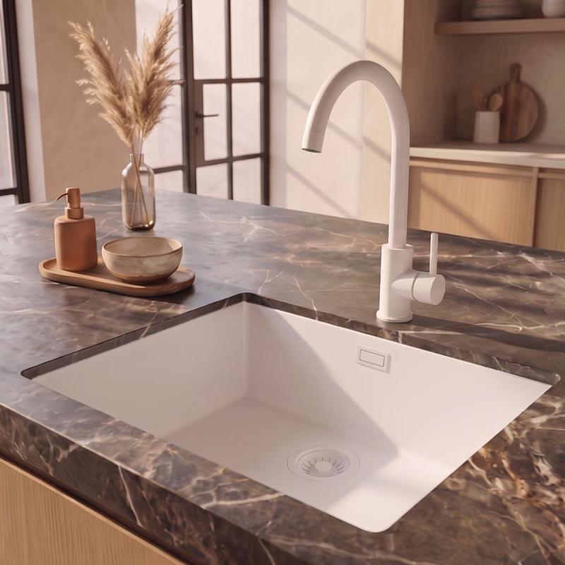 Pure.Sink Eternal Quartz Witte Spoelbak 50x40 cm Vlakinbouw en Onderbouw met Witte plug
