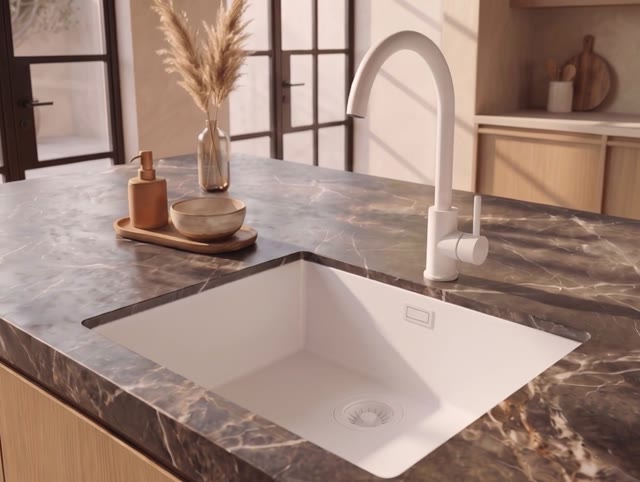 Pure.Sink Eternal Quartz Witte Spoelbak 50x40 cm Vlakinbouw en Onderbouw met Witte plug