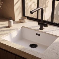 Pure.Sink Eternal Кварцова бяла мивка 50x40 см за вграждане в плот и под плот с черен сифон