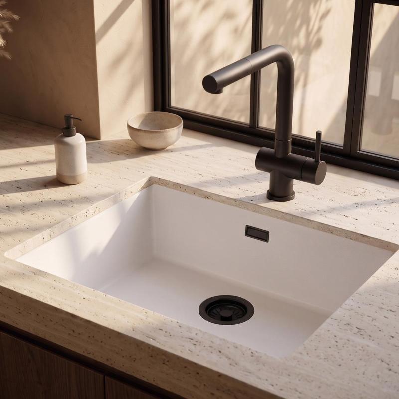 Pure.Sink Eternal Quartz Witte Spoelbak 50x40 cm Vlakinbouw en Onderbouw met Zwarte plug
