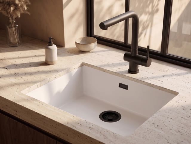 Pure.Sink Eternal Quartz Witte Spoelbak 50x40 cm Vlakinbouw en Onderbouw met Zwarte plug