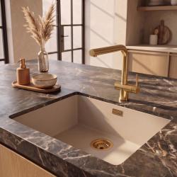 Pure.Sink Eternal Quartz Coffee cream мивка 50x40 см за вграждане в плот и под плот със златна запушалка