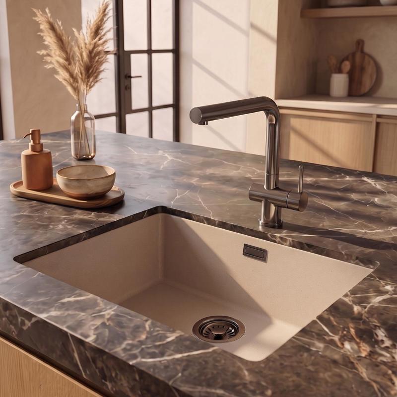 Pure.Sink Eternal Quartz Coffee cream Spoelbak 50x40 cm Vlakinbouw en Onderbouw met Gun metal plug