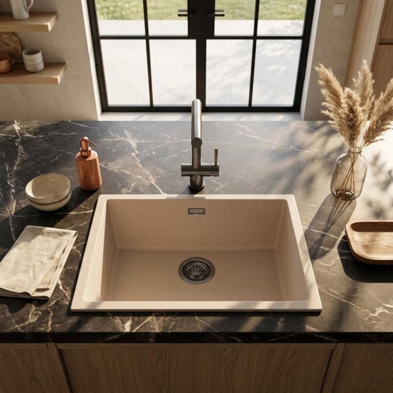 Pure.Sink Eternal Quartz Coffee cream Spoelbak 50x40 cm Vlakinbouw en Onderbouw met Gun metal plug