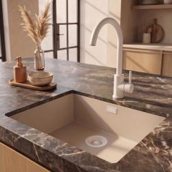 Pure.Sink Eternal Quartz Coffee cream мивка 50x40 см за вграждане в плот и под плот с бяла запушалка