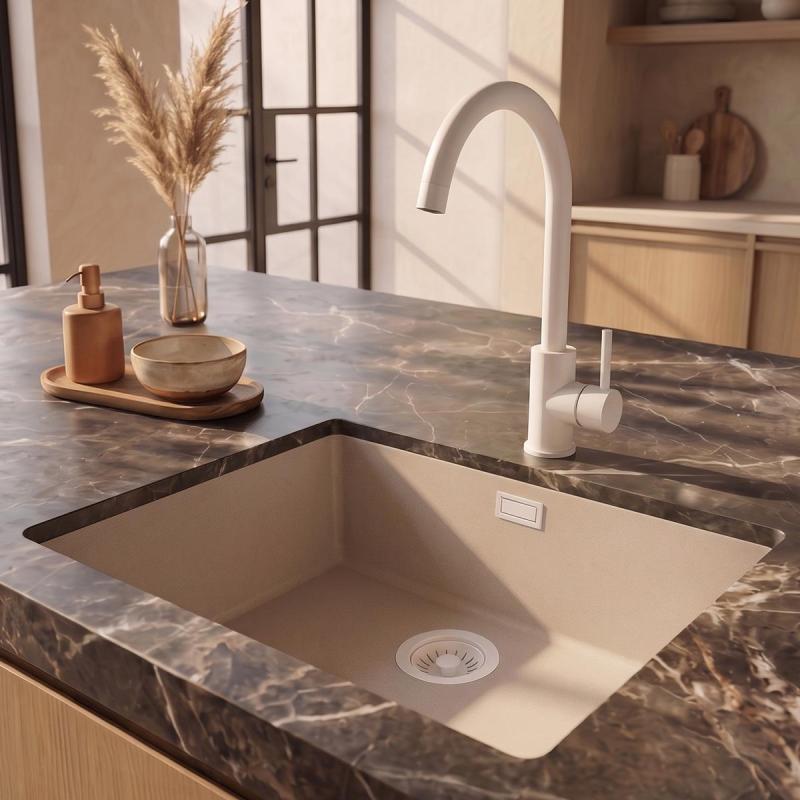 Pure.Sink Eternal Quartz Coffee cream Spoelbak 50x40 cm Vlakinbouw en Onderbouw met Witte plug