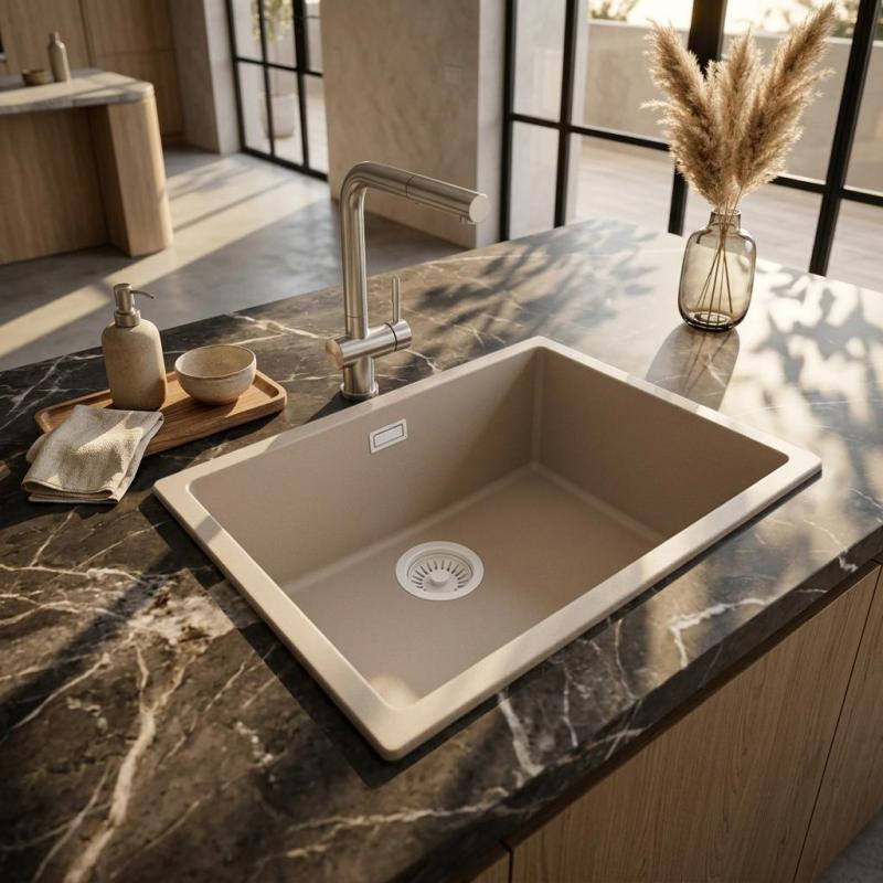 Pure.Sink Eternal Quartz Coffee cream Spoelbak 50x40 cm Vlakinbouw en Onderbouw met Witte plug
