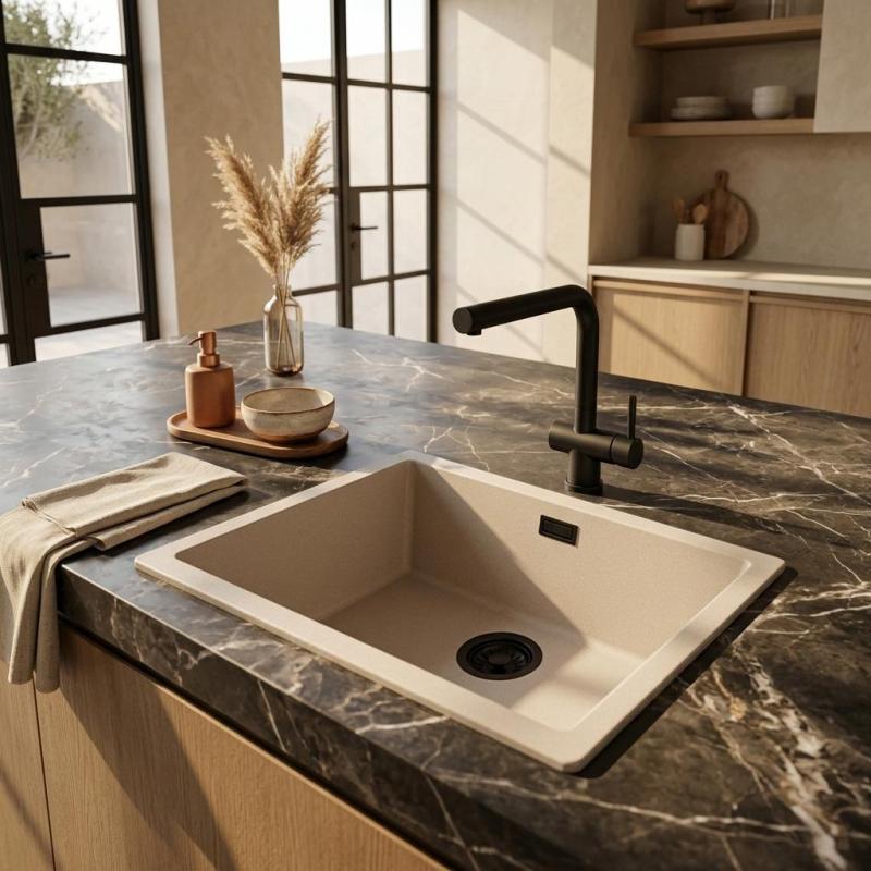 Pure.Sink Eternal Quartz Coffee cream Spoelbak 50x40 cm Vlakinbouw en Onderbouw met Zwarte plug