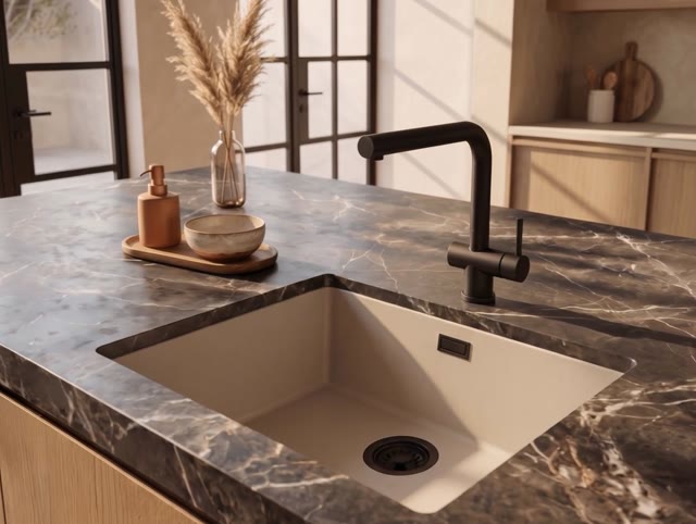 Pure.Sink Eternal Quartz Coffee cream Spoelbak 50x40 cm Vlakinbouw en Onderbouw met Zwarte plug