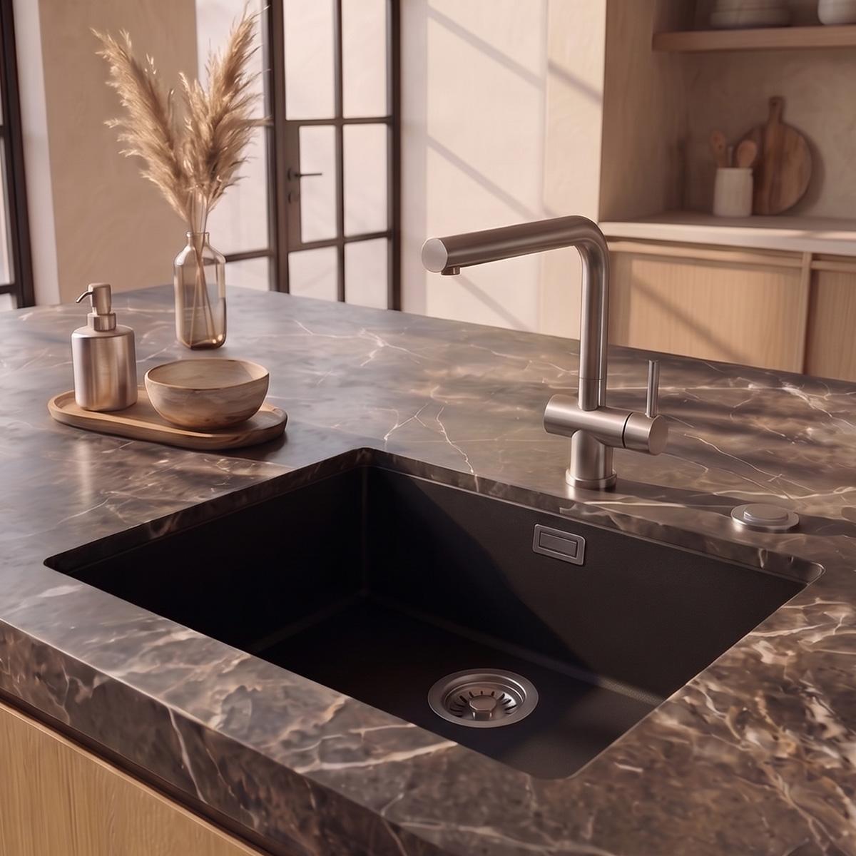Pure.Sink Eternal Quartz Black Sink 50x40 cm, Flush-Mount and Under-Mount with Automatic Stainless Steel Stopper