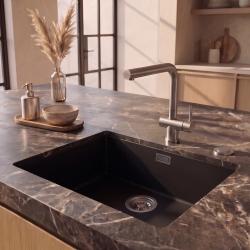 Pure.Sink Eternal Кварцова черна мивка 50x40 см за вграждане в плот и под плот с автоматичен запушалка от неръждаема стомана