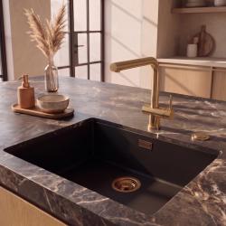 Pure.Sink Eternal Кварцова черна мивка 50x40 см за вграждане в плот и под плот с автоматичен златист сифон