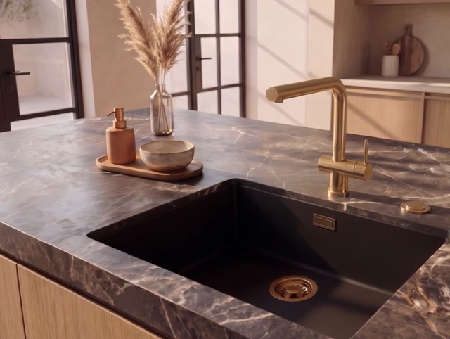 Pure.Sink Eternal Quartz Zwarte Spoelbak 50x40 cm Vlakinbouw en Onderbouw met Automatische Gouden plug