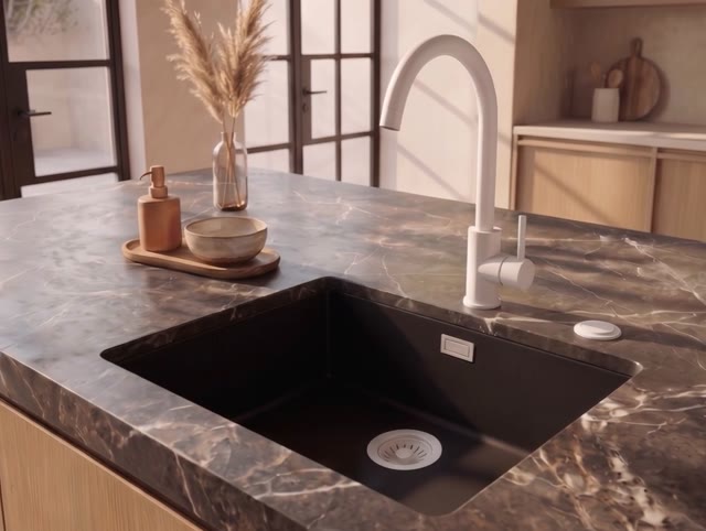 Pure.Sink Eternal Quartz Zwarte Spoelbak 50x40 cm Vlakinbouw en Onderbouw met Automatische Witte plug