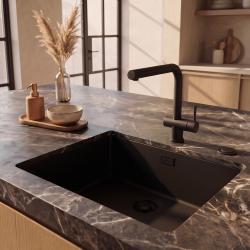 Pure.Sink Eternal Кварцова черна мивка 50x40 см за вграждане в плот и под плот с автоматичен черен запушал