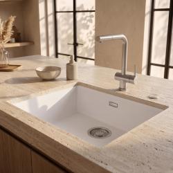 Pure.Sink Eternal Кварцова бяла мивка 50x40 см за вграждане в плот и под плот с автоматичен запушалка от неръждаема стомана