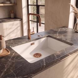 Pure.Sink Eternal Quartz Witte Spoelbak 50x40 cm Vlakinbouw en Onderbouw met Automatische Koperen plug