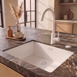 Pure.Sink Eternal Кварцова бяла мивка 50x40 см за вграждане в плот и под плот с автоматична бяла запушалка