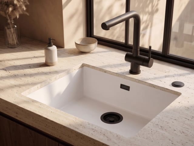 Pure.Sink Eternal Quartz Witte Spoelbak 50x40 cm Vlakinbouw en Onderbouw met Automatische Zwarte plug