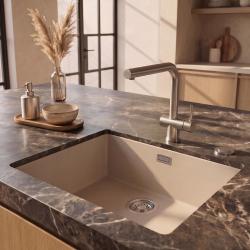 Pure.Sink Eternal Quartz Coffee cream мивка 50x40 см за вграждане в плот и под плот с автоматичен запушал от неръждаема стомана