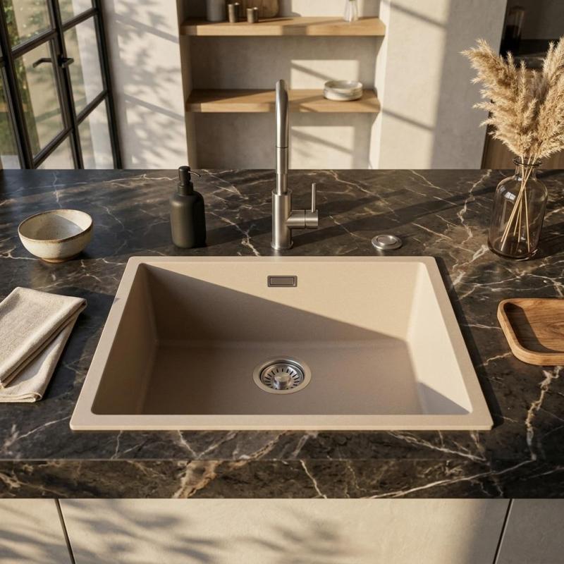 Pure.Sink Eternal Quartz Coffee cream Spoelbak 50x40 cm Vlakinbouw en Onderbouw met Automatische RVS plug