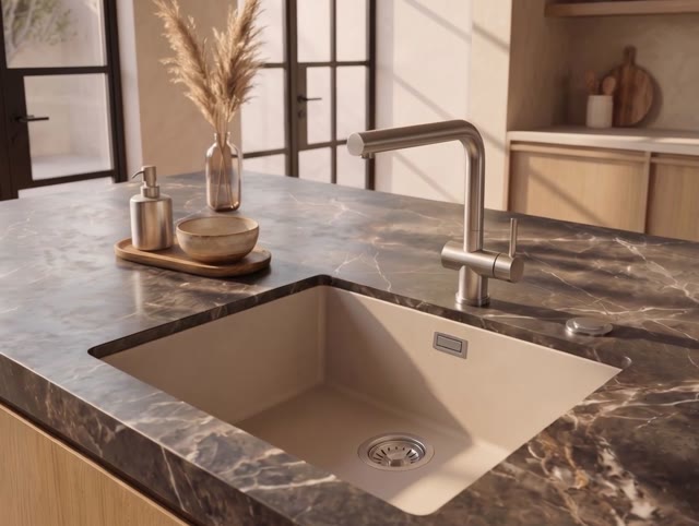 Pure.Sink Eternal Quartz Coffee cream Spoelbak 50x40 cm Vlakinbouw en Onderbouw met Automatische RVS plug