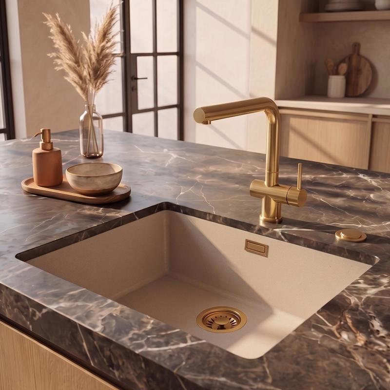 Pure.Sink Eternal Quartz Coffee cream Spoelbak 50x40 cm Vlakinbouw en Onderbouw met Automatische Gouden plug
