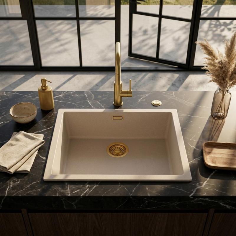 Pure.Sink Eternal Quartz Coffee cream Spoelbak 50x40 cm Vlakinbouw en Onderbouw met Automatische Gouden plug