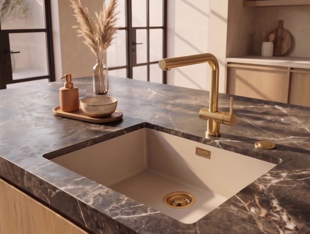 Pure.Sink Eternal Quartz Coffee cream Spoelbak 50x40 cm Vlakinbouw en Onderbouw met Automatische Gouden plug