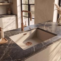 Pure.Sink Eternal Quartz Coffee cream Spoelbak 50x40 cm Vlakinbouw en Onderbouw met Automatische Koperen plug