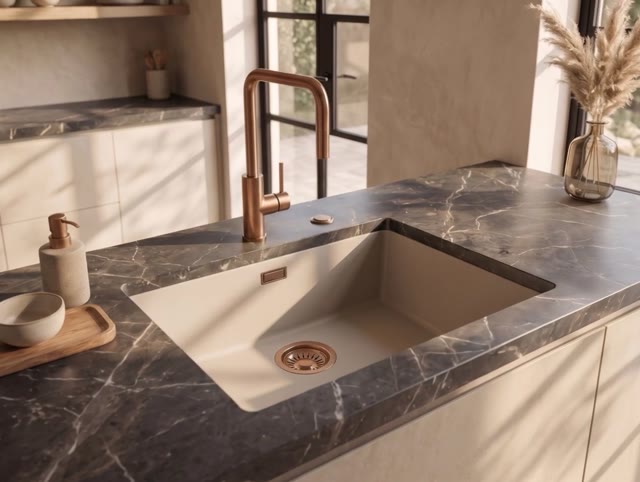 Pure.Sink Eternal Quartz Coffee cream Spoelbak 50x40 cm Vlakinbouw en Onderbouw met Automatische Koperen plug