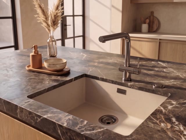 Pure.Sink Eternal Quartz Coffee cream Spoelbak 50x40 cm Vlakinbouw en Onderbouw met Automatische Gun metal plug