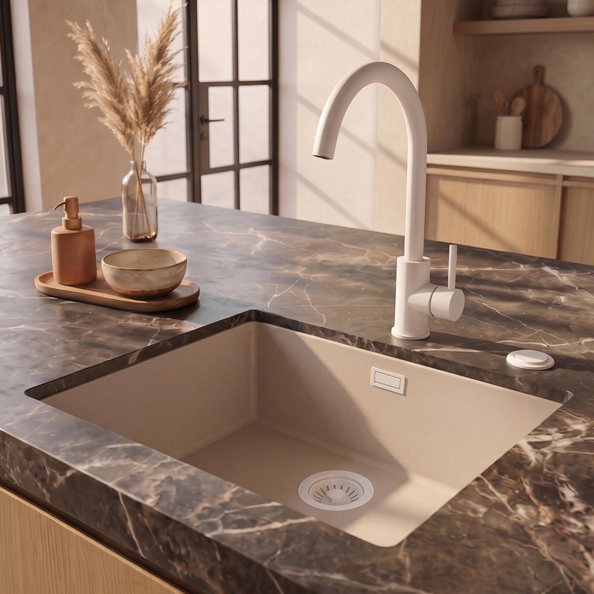 Pure.Sink Eternal Quartz Coffee cream Sink 50x40 cm Flush Mount and Undermount with Automatic White Plug