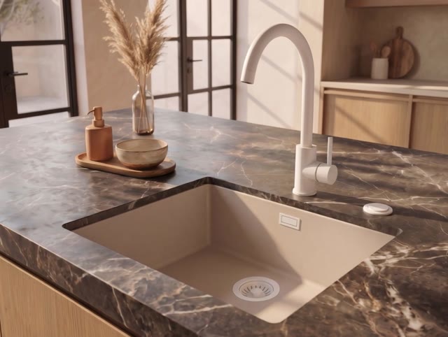 Pure.Sink Eternal Quartz Coffee cream Spoelbak 50x40 cm Vlakinbouw en Onderbouw met Automatische Witte plug