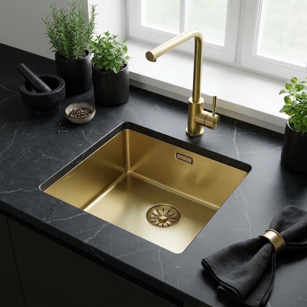 Pure.Sink Comfort Lavello in acciaio inossidabile 40x40 cm finitura PVD dorata raggio 10 mm montaggio sotto piano a filo piano e incasso a filo piano PCM4040-60