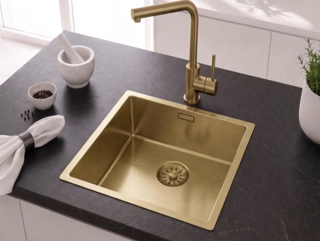Pure.Sink Comfort PVD Gouden spoelbak 40x40 cm 10mm radius onderbouw, vlakbouw en opbouw PCM4040-60